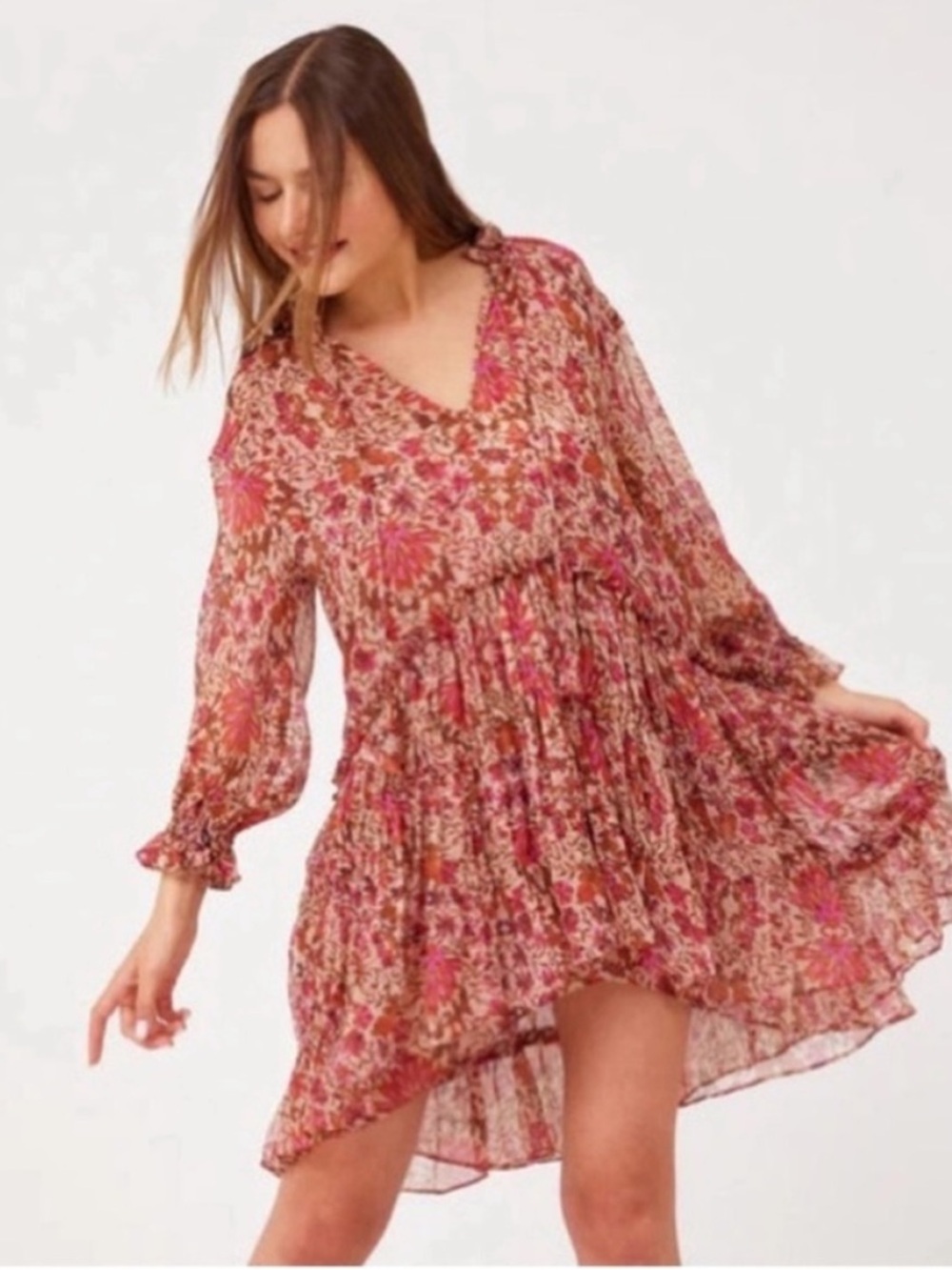 Misa Los Angeles Llanit Chiffon Floral Tie-Neck Tiered Swing Dress Pink Brown XS - Picture 2 of 13